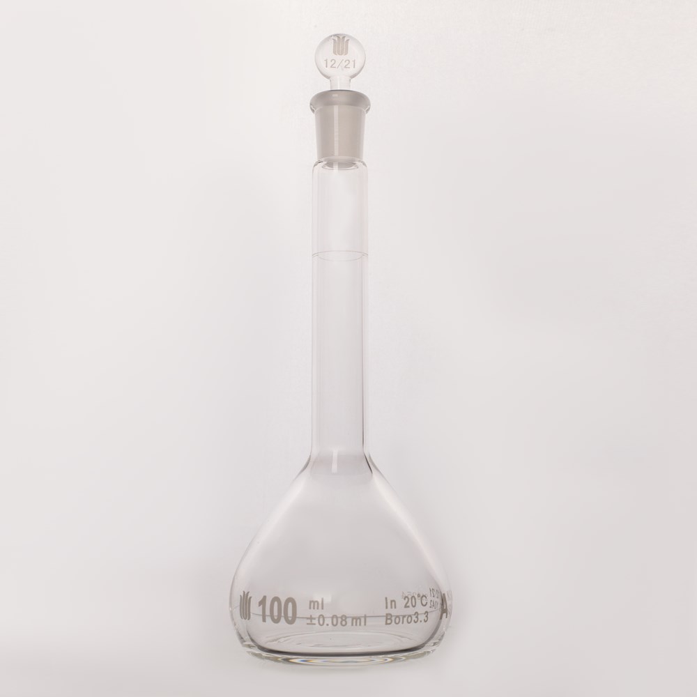 12/21口 透明玻璃100ML容量瓶，标配玻璃塞，带个体检测证书